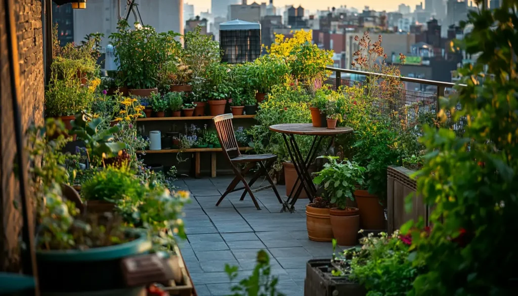 Rooftop garden with potted plants and vertical planters against a city skyline (Gardening for small spaces).